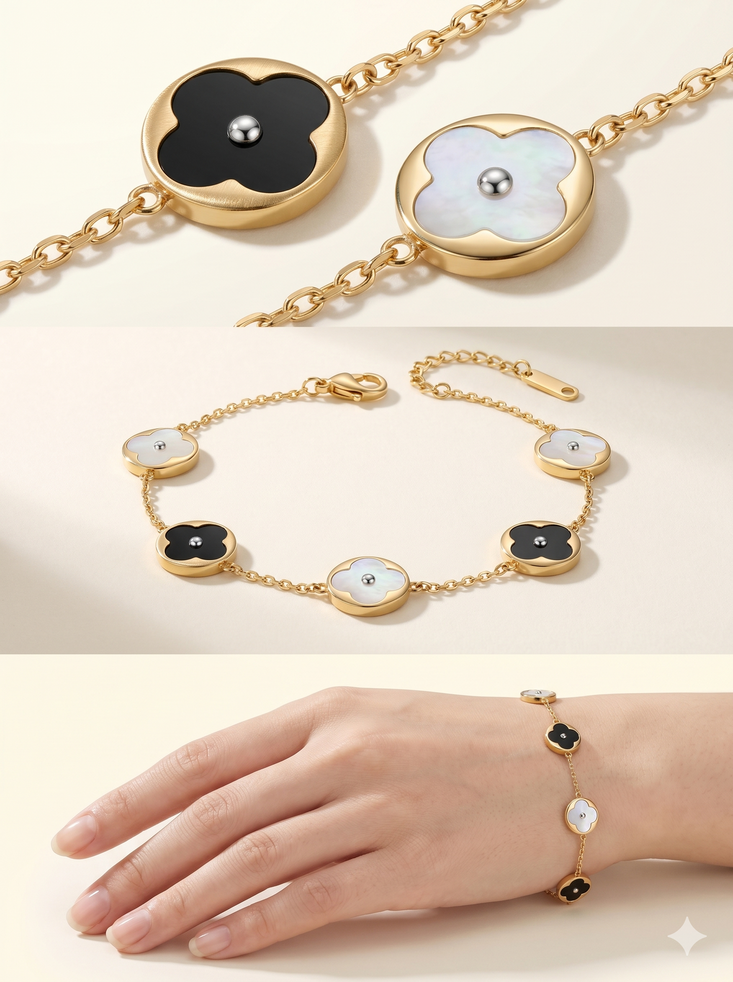 Reversible Mother of Pearl & Onyx Clover Station Bracelet