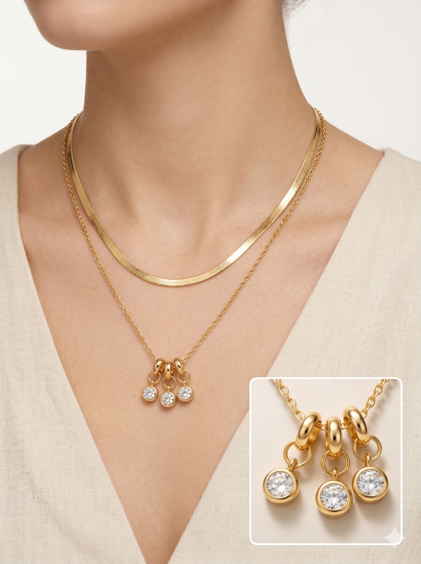 Anti-Tarnish Layered Herringbone & Triple Crystal Drop Necklace