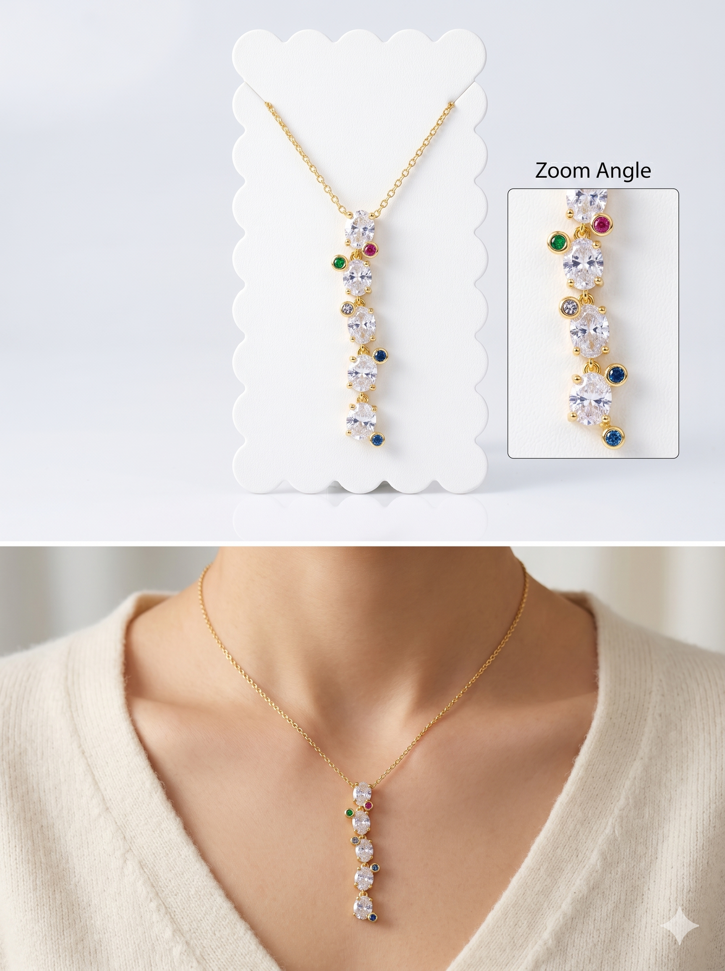 Oval Crystal Drop Necklace with Multicolor Accents in 18K Gold Finish
