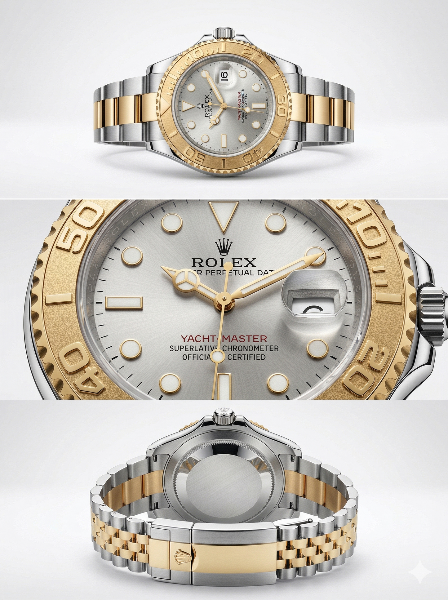Two-Tone Yacht-Master Style Watch – Silver Dial with Gold Relief Bezel
