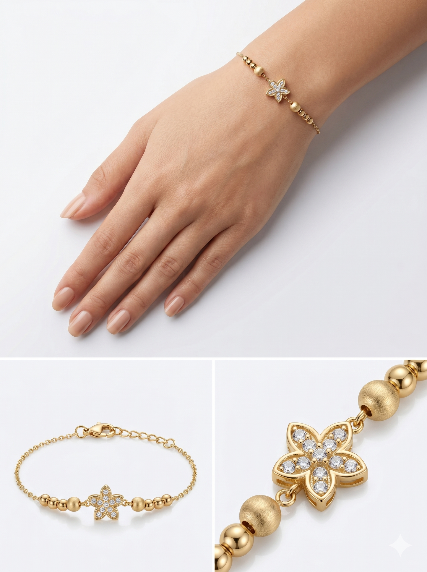 Crystal Floral Bloom Bracelet with Satin-Finish Gold Beads