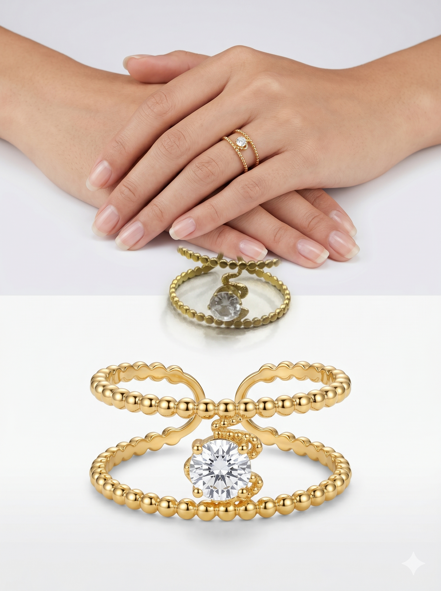 Anti-Tarnish Double-Beaded Solitaire Adjustable Ring