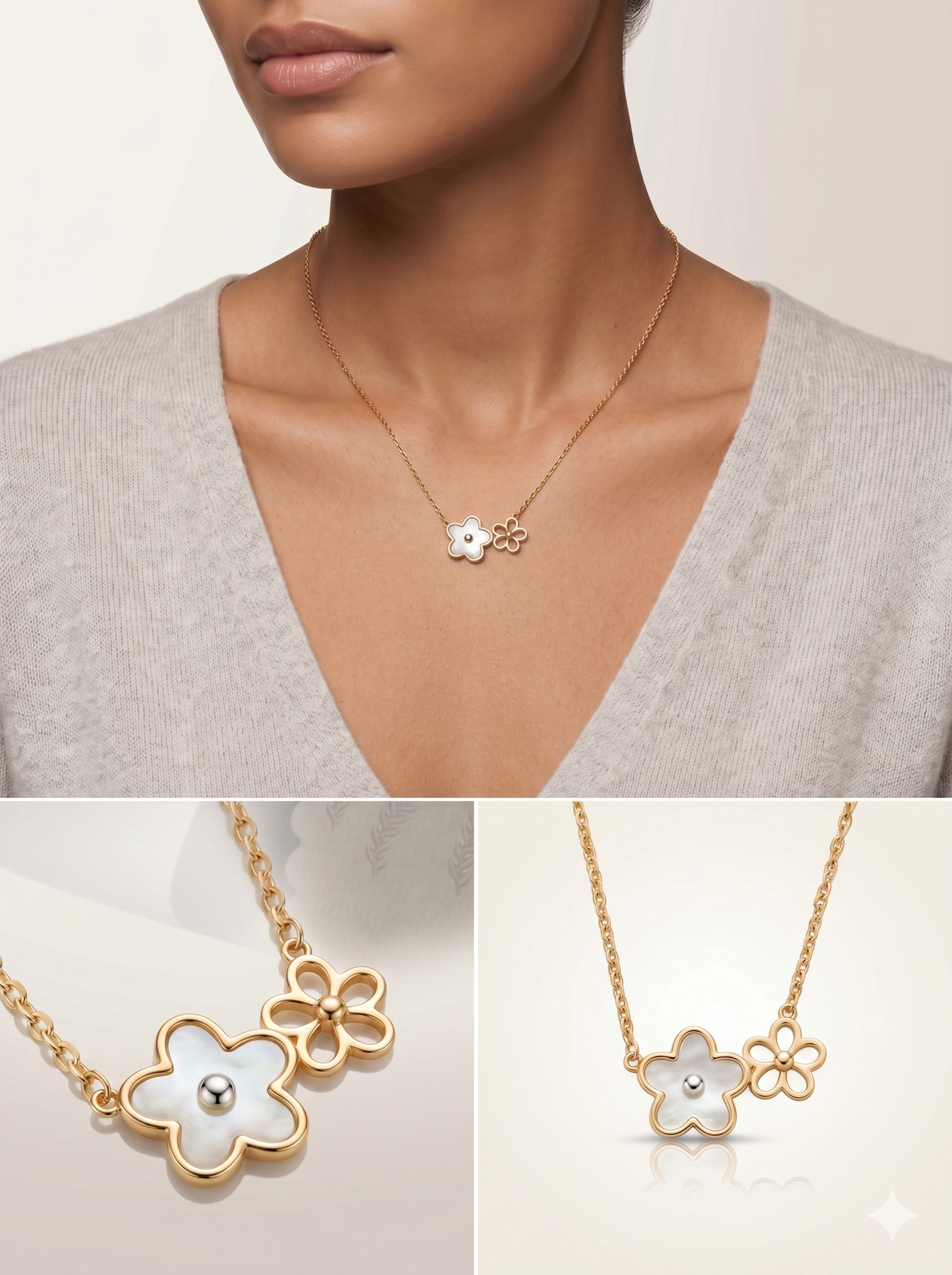 Anti-Tarnish Double Blossom Mother of Pearl Necklace