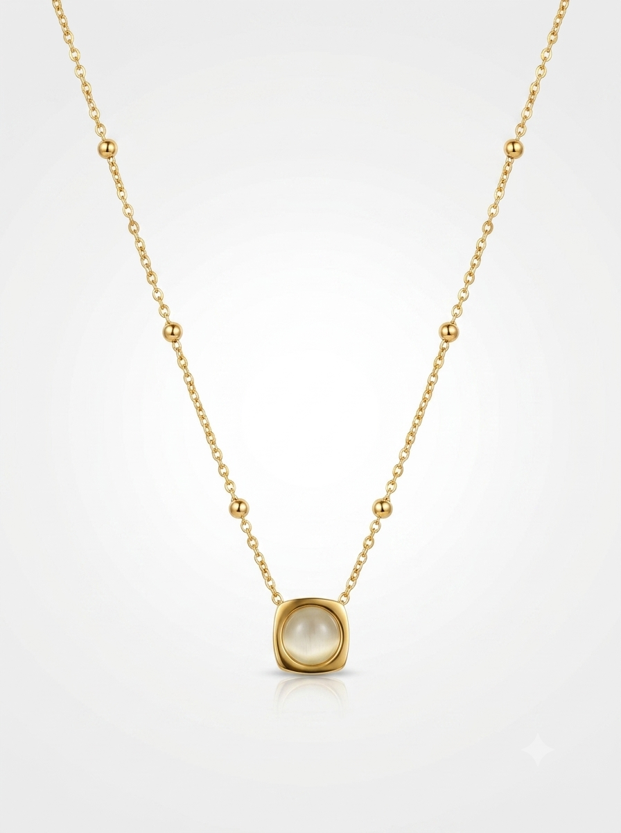 Dainty Gold Bezel Rainbow Moonstone Cushion Necklace