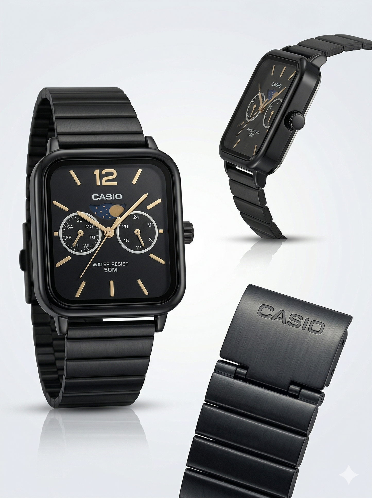 Vintage Square Moon Phase Chronograph - Black