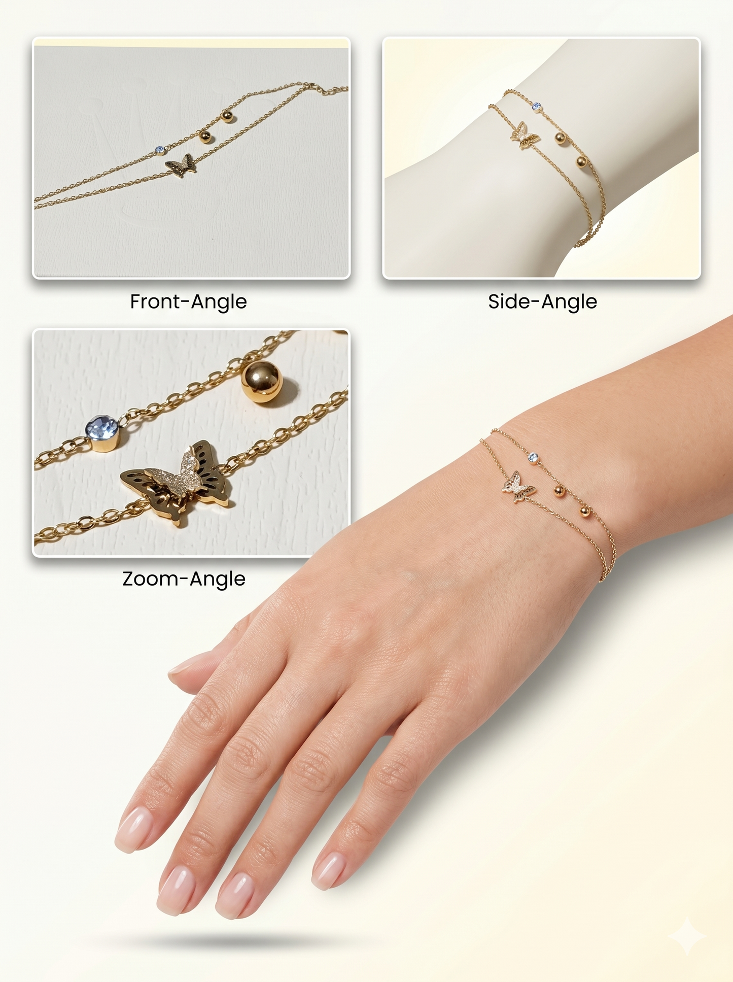 Double-Layered Crystal Butterfly & Gold Bead Bracelet