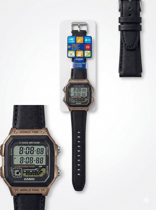 Retro Commander – Digital World Timer with Stitch-Detail Leather