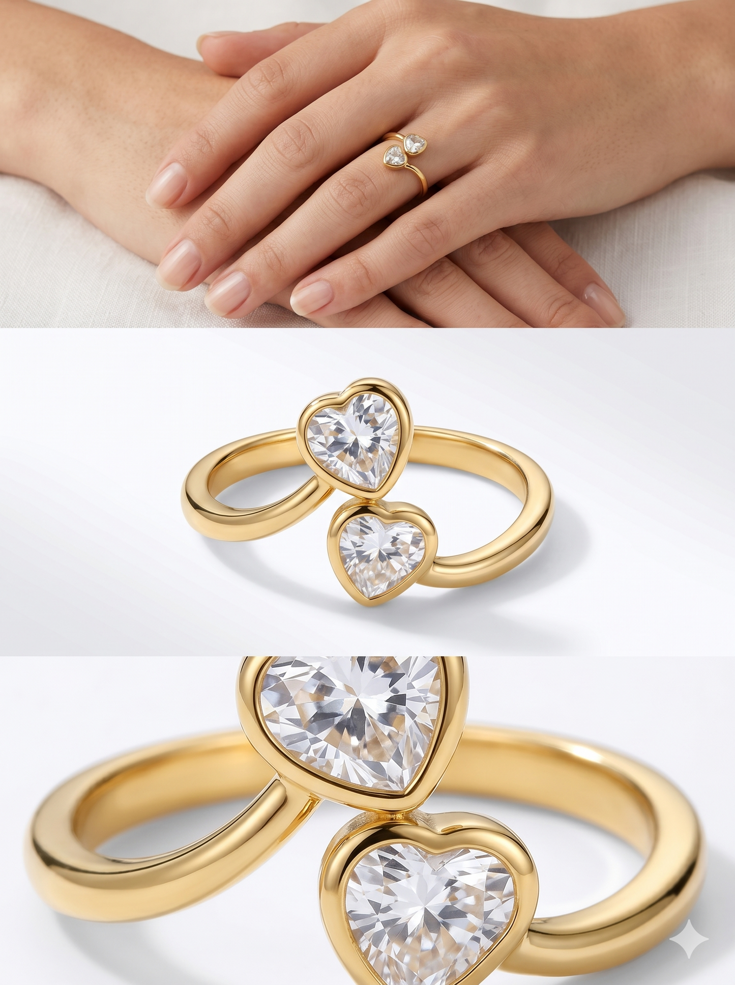 Anti-Tarnish Double Heart Bypass Adjustable Ring