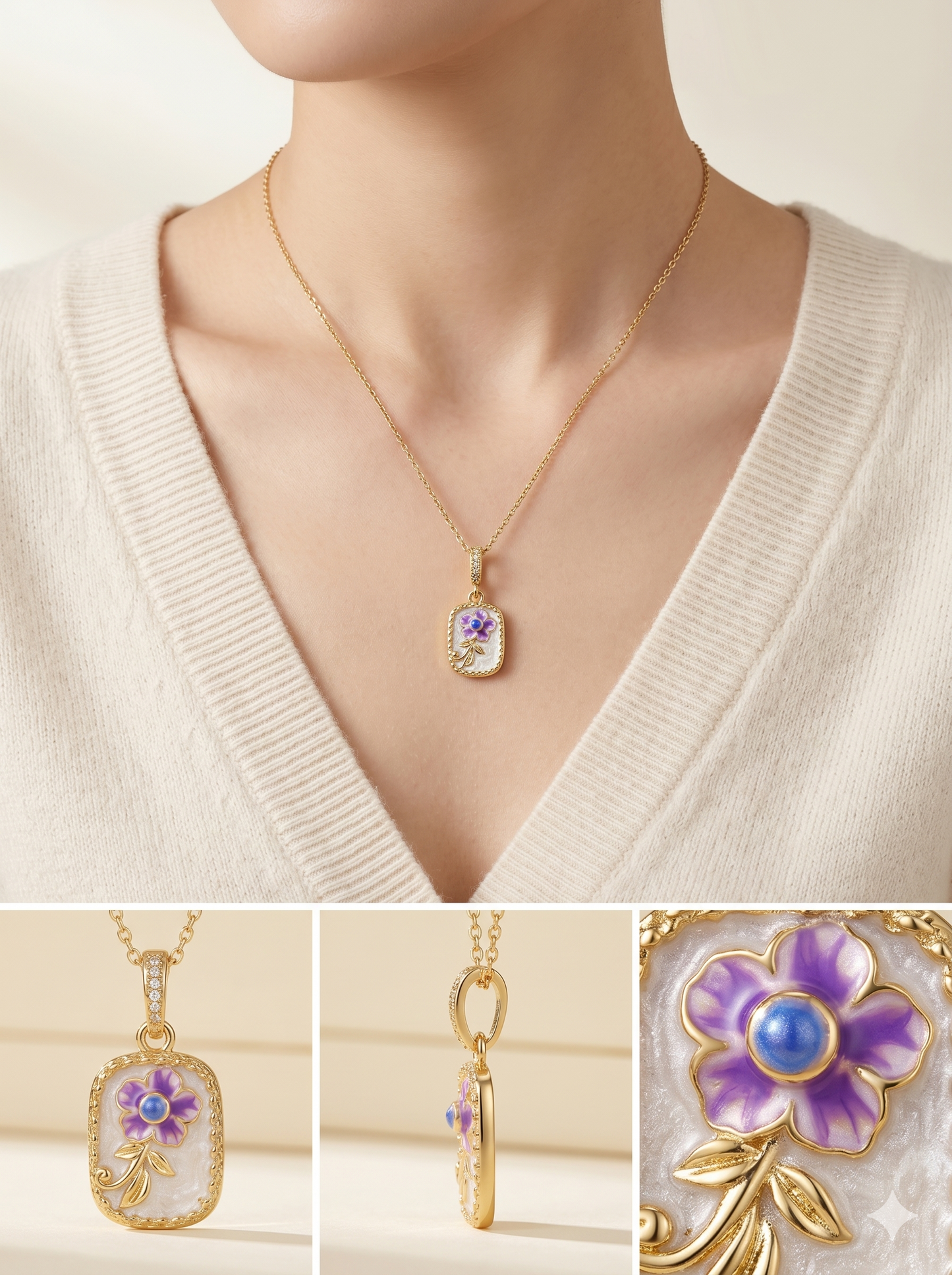 Vintage Enamel Floral Medallion Pendant Necklace
