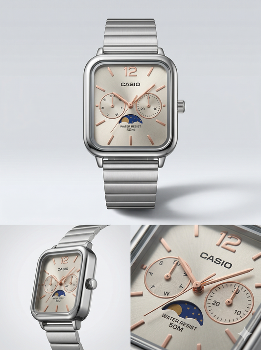 Vintage Square Moon Phase Chronograph - Silver