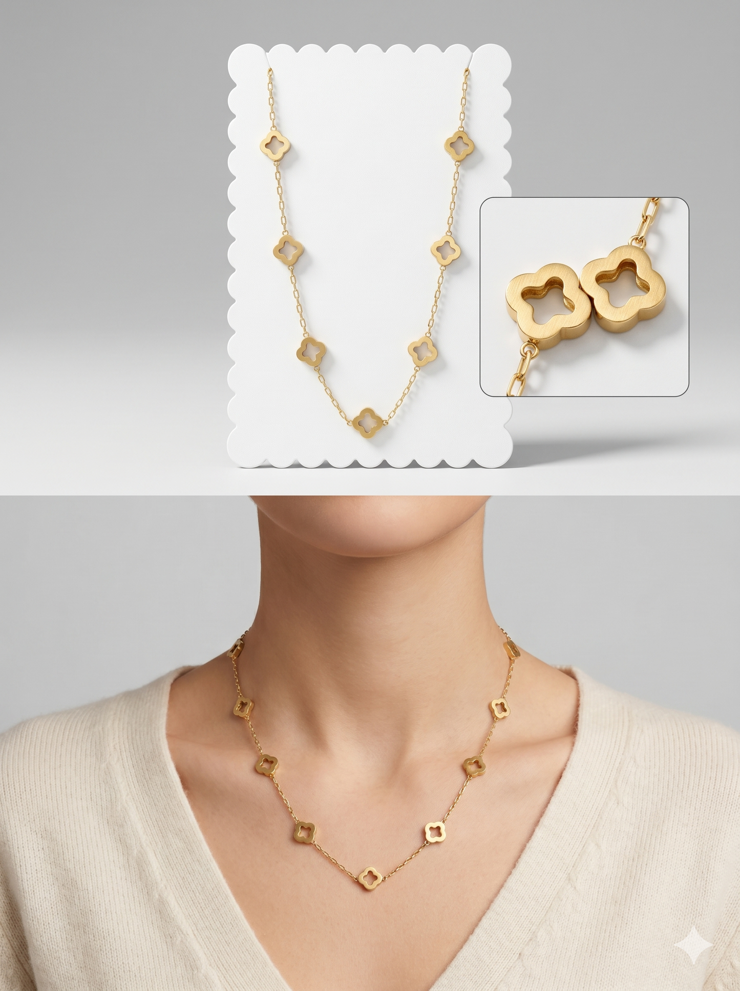 Openwork Clover Station Necklace in 18K Gold Finish