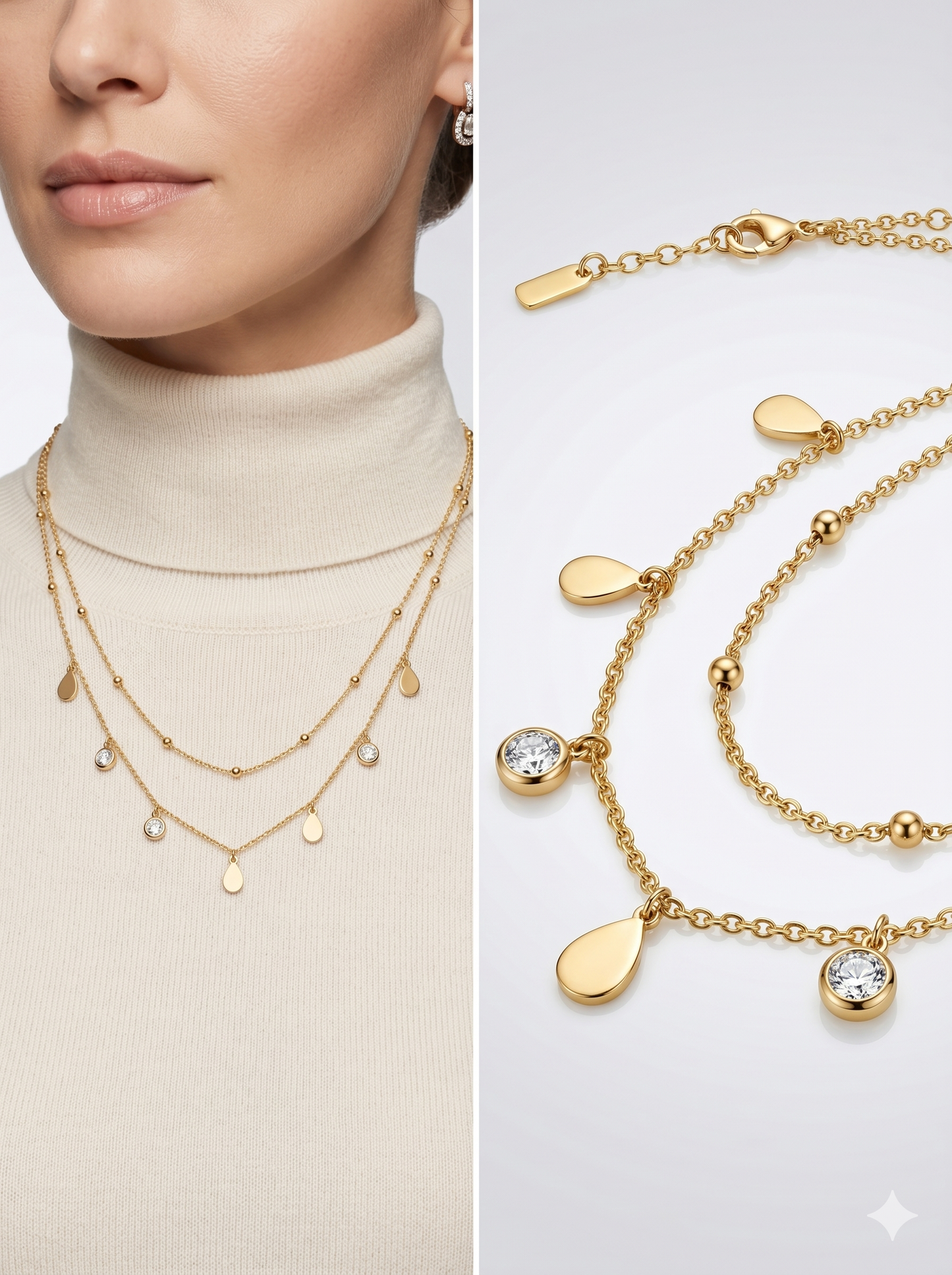 Anti-Tarnish Layered Teardrop & Crystal Charm Necklace