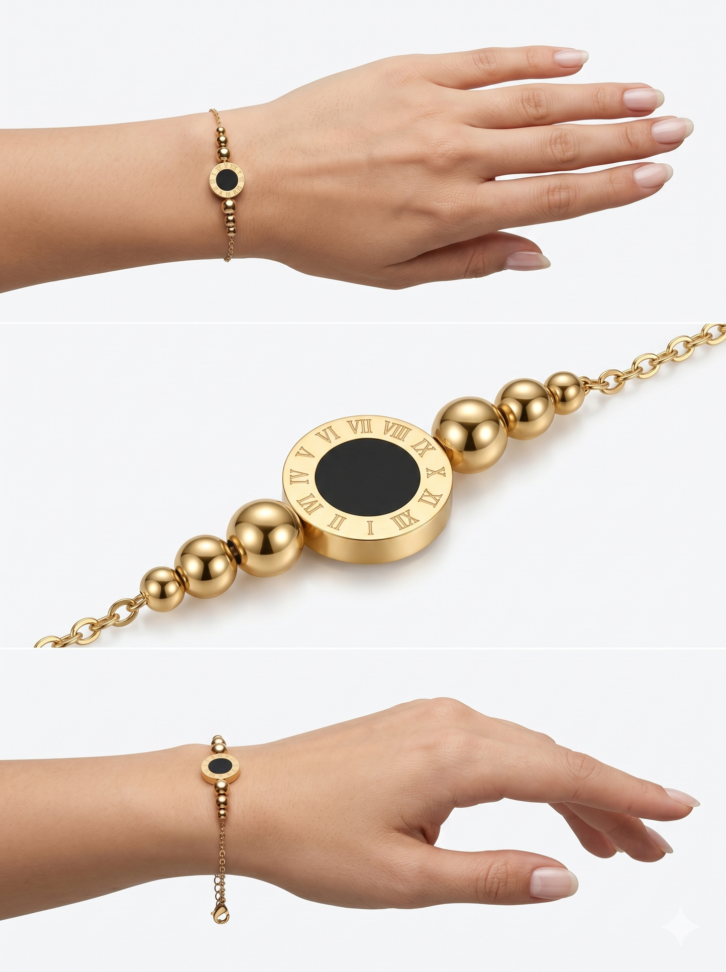 Roman Numeral Onyx Medallion Bracelet with Graduated Gold Beads