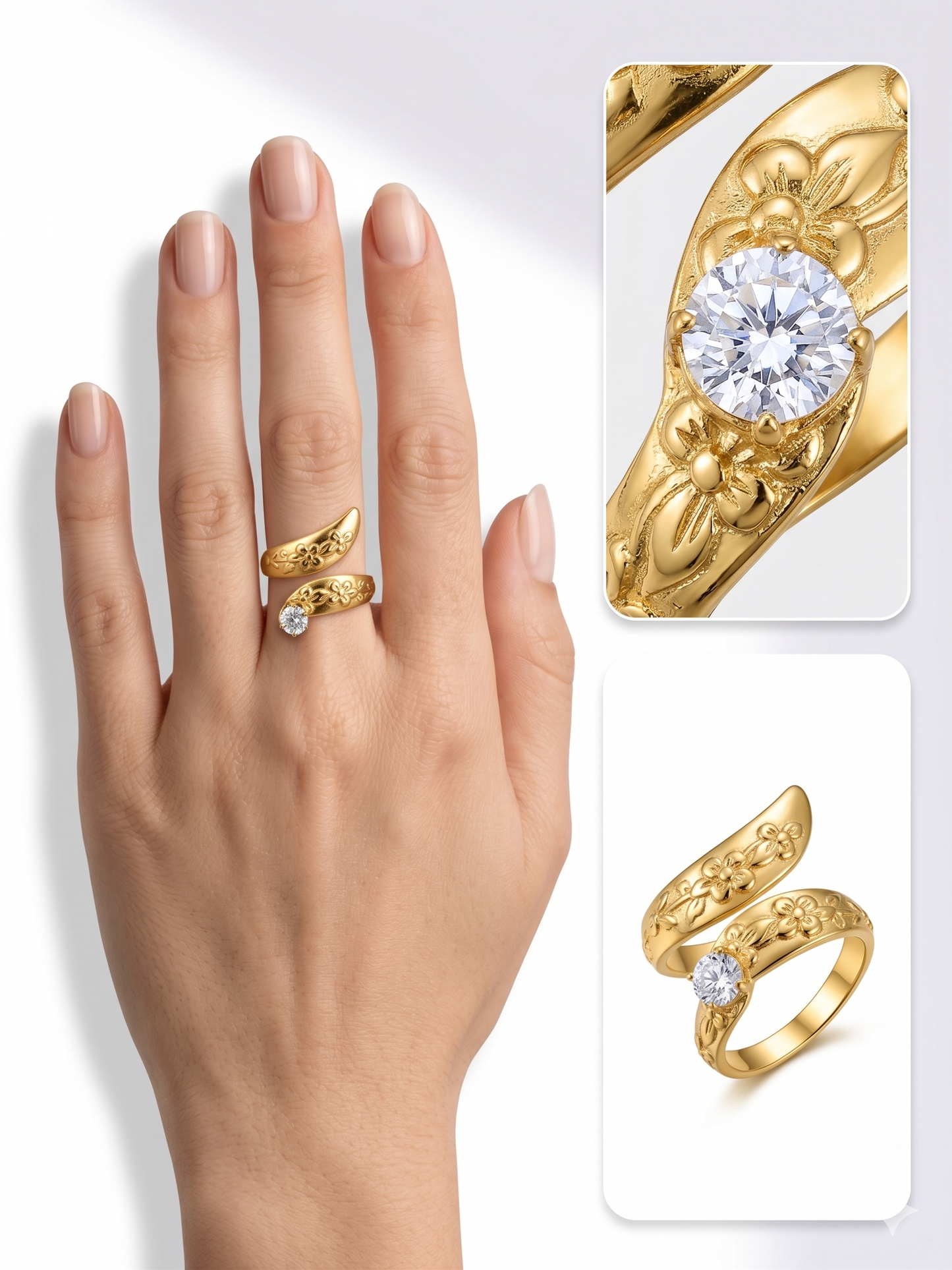 Anti-Tarnish Floral Wrap Solitaire Adjustable Ring