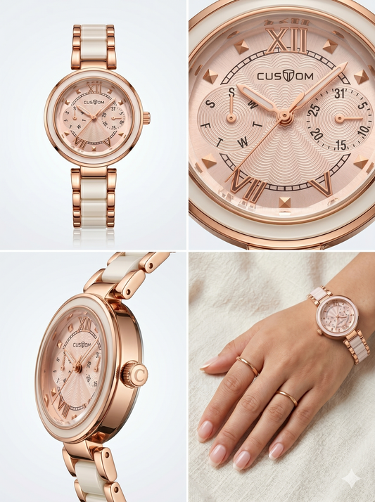 Custom Rose Gold & Blush Pink Multifunction Women's Watch