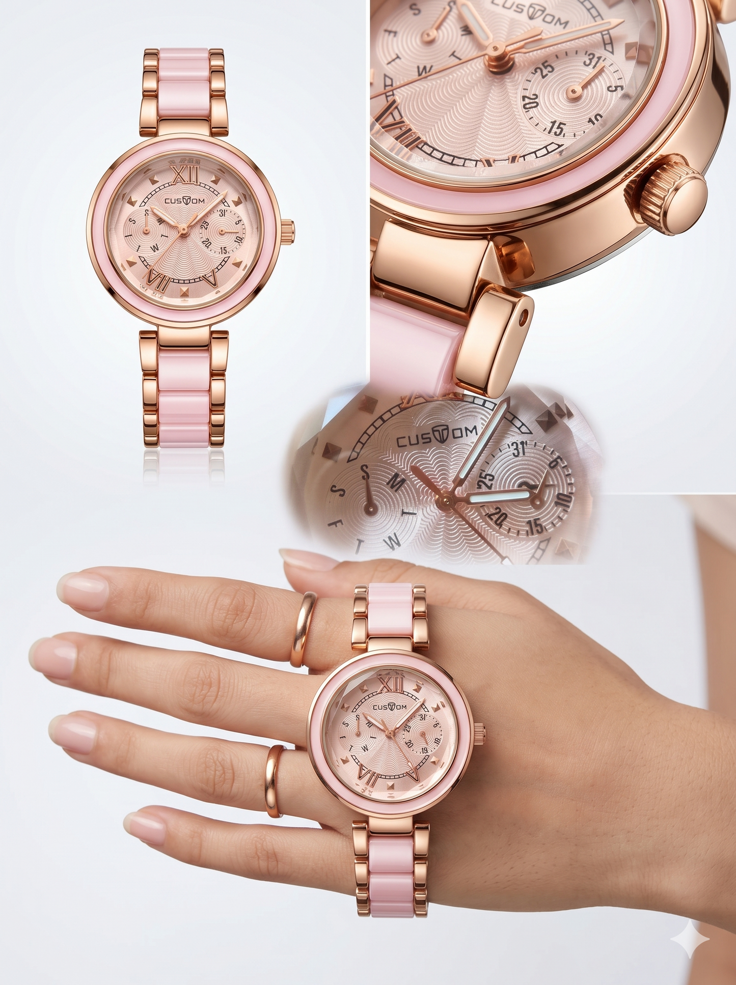 Custom Rose Gold & Blush Pink Multifunction Women's Watch