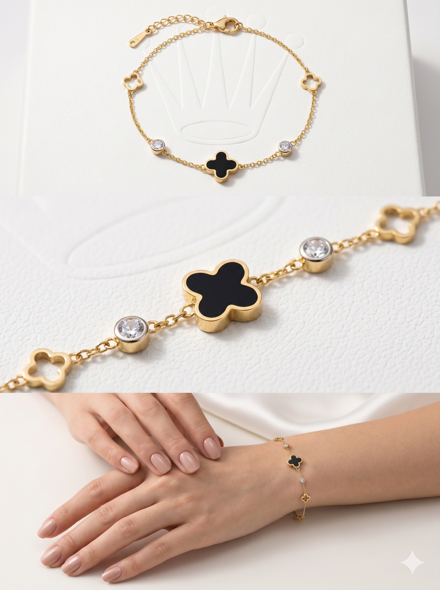 Black Onyx Clover & Crystal Station Bracelet in 18K Gold Finish
