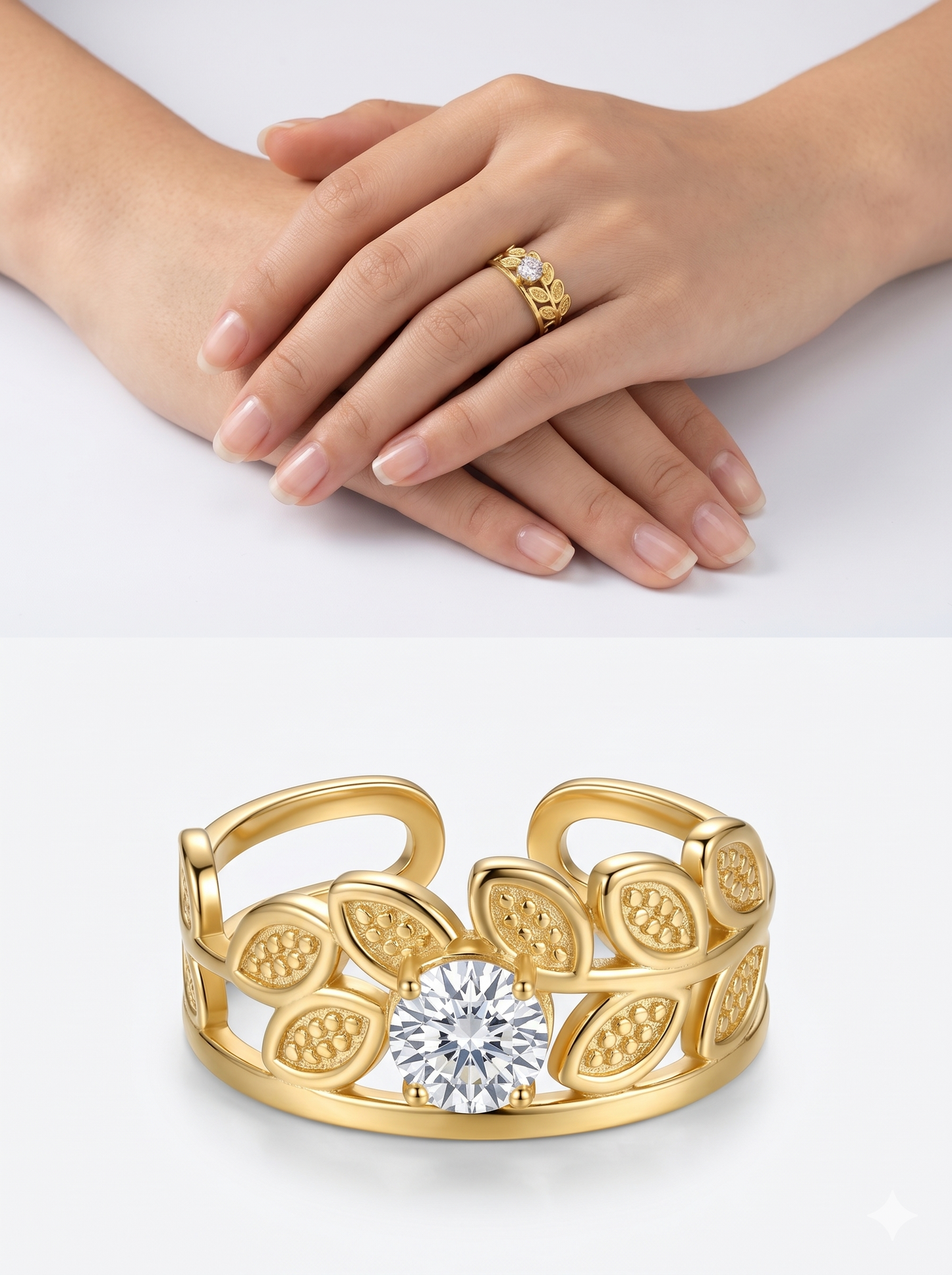 Anti-Tarnish Laurel Leaf Solitaire Adjustable Ring