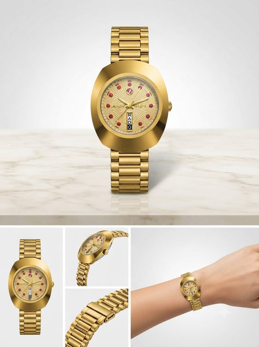 Iconic Oval Golden Statement Watch – Ruby-Accent Sunray Dial
