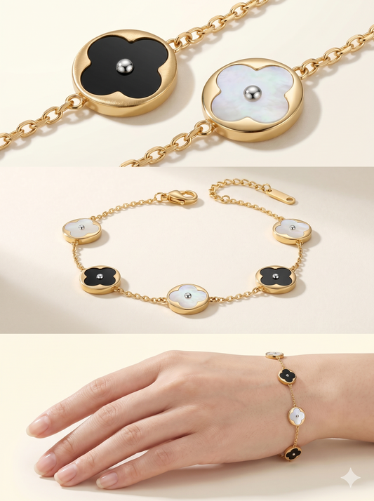 Reversible Mother of Pearl & Onyx Clover Station Bracelet