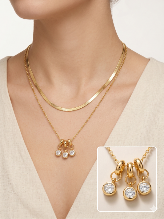Anti-Tarnish Layered Herringbone & Triple Crystal Drop Necklace