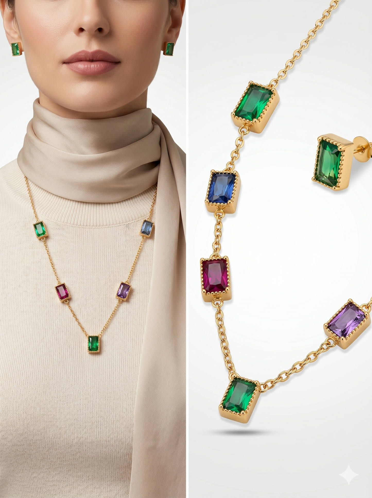 Anti-Tarnish Multi-Gemstone Emerald-Cut Jewelry Set
