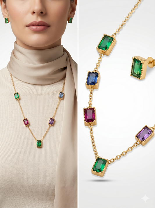 Anti-Tarnish Multi-Gemstone Emerald-Cut Jewelry Set