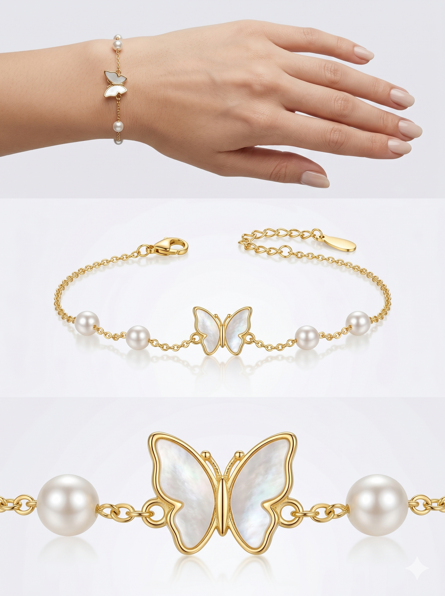 Anti-Tarnish Mother of Pearl Butterfly & Pearl Bracelet