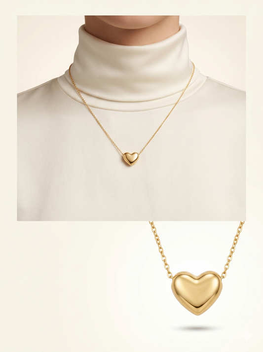 Minimalist 3D Puffed Heart Pendant Necklace in 18K Gold Finish