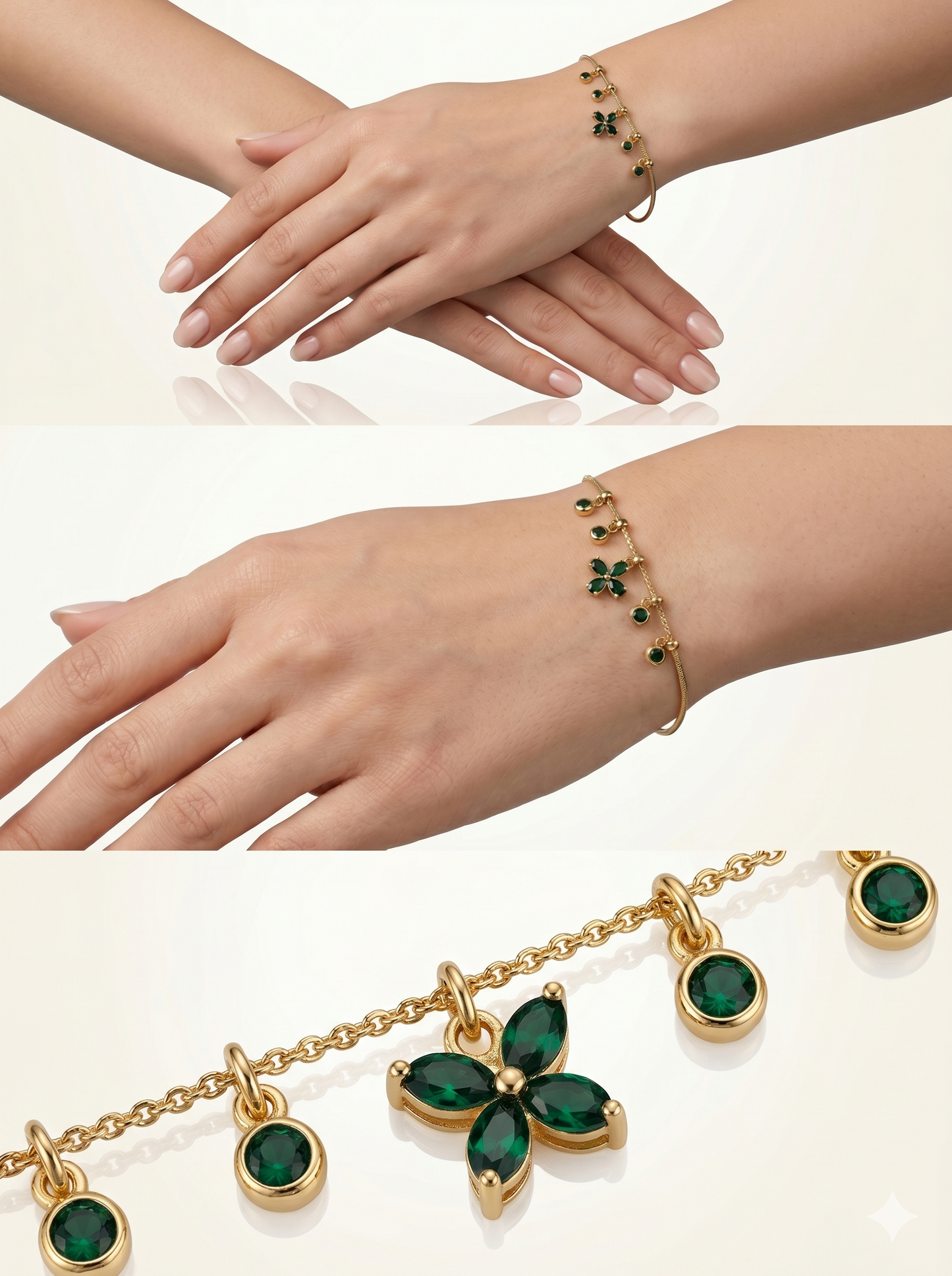 Onyx Clover & Bead Snake Chain Charm Bracelet