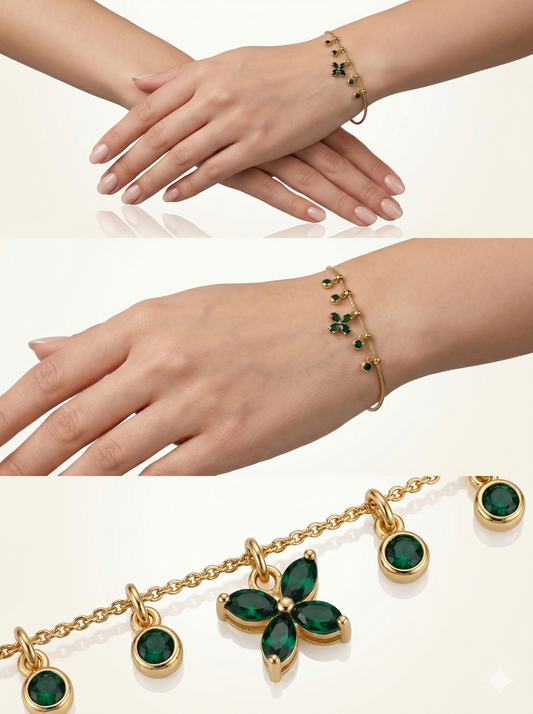 Onyx Clover & Bead Snake Chain Charm Bracelet