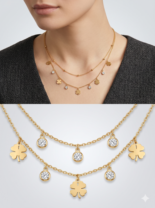 Anti-Tarnish Layered Clover & Crystal Charm Necklace