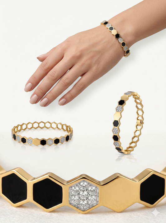 Honeycomb Onyx & Crystal Bangle