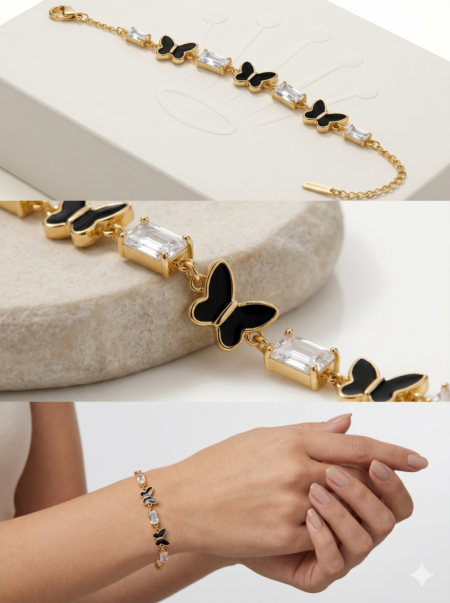 Black Onyx Butterfly & Baguette Crystal Station Bracelet