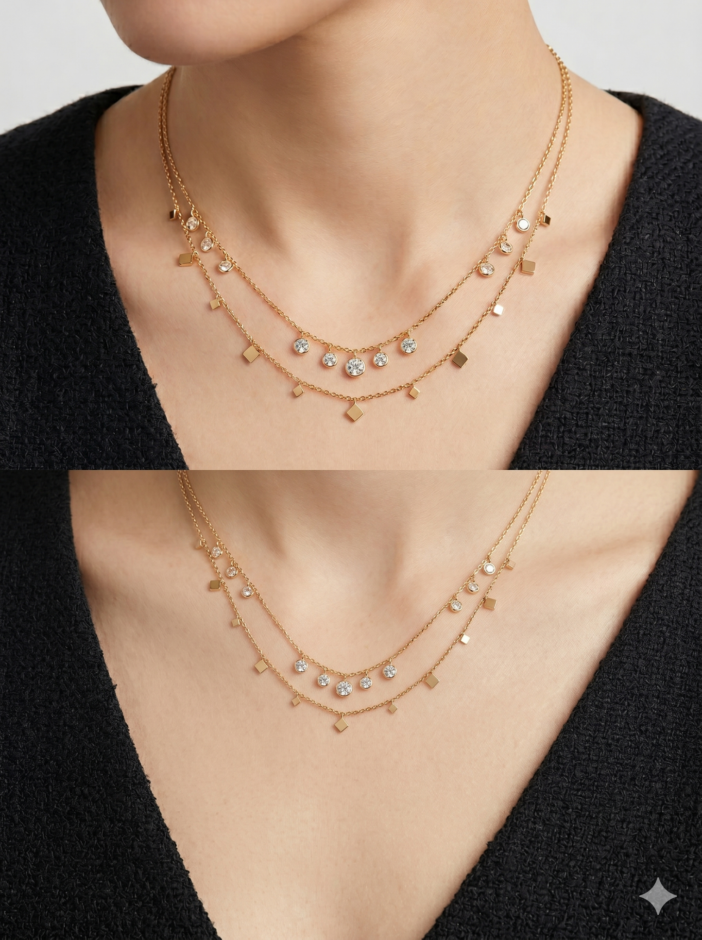 Anti-Tarnish Layered Geometric Rhombus & Crystal Drops Necklace