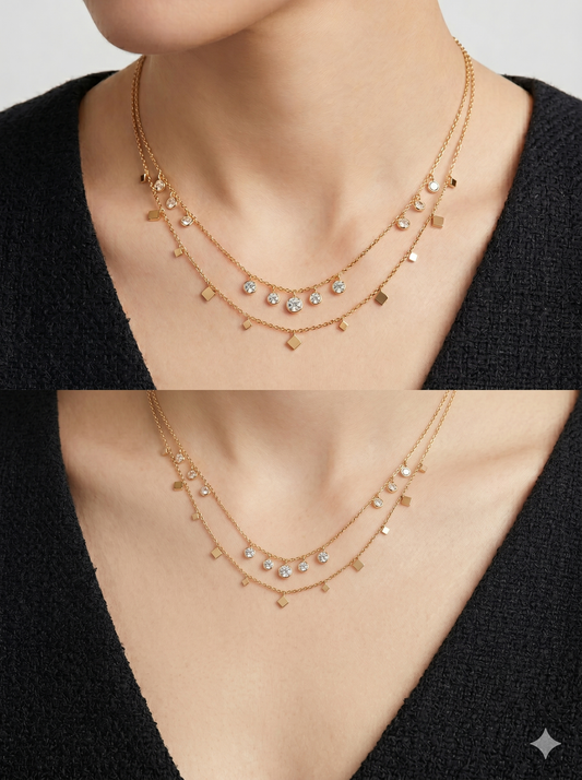 Anti-Tarnish Layered Geometric Rhombus & Crystal Drops Necklace