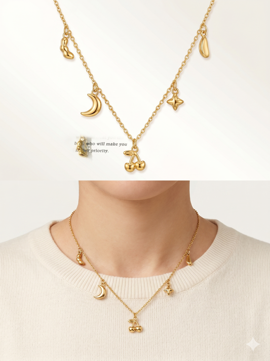 Celestial Moon & Cherry Charm Necklace in 18K Gold Finish