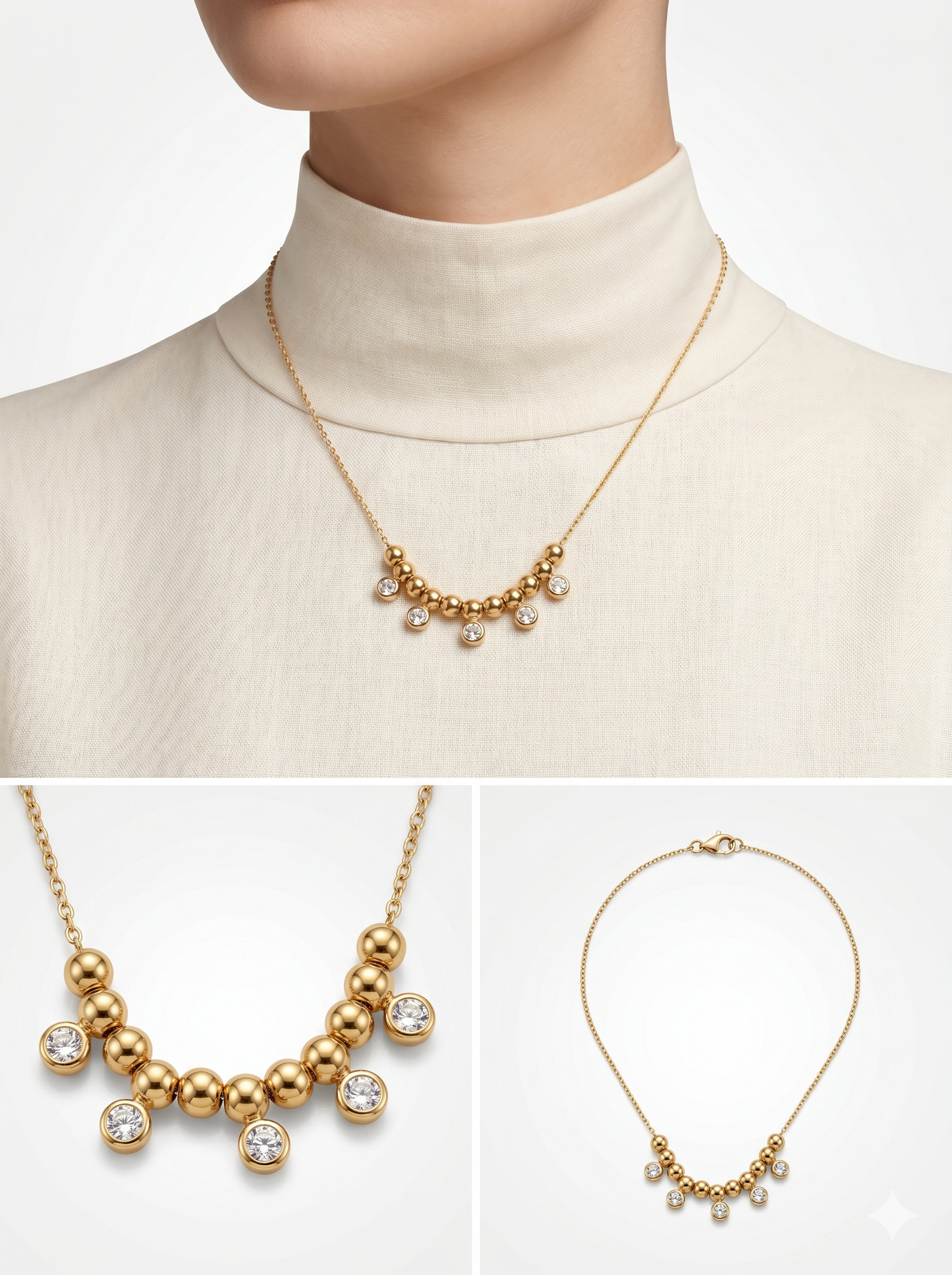 Beaded Arch Crystal Fringe Necklace in 18K Gold Finish