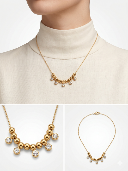 Beaded Arch Crystal Fringe Necklace in 18K Gold Finish