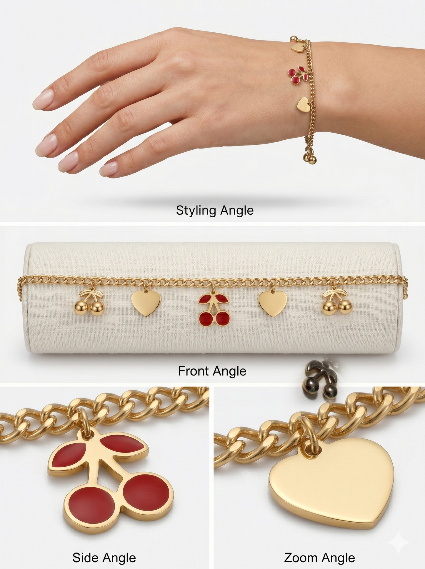 Cherry & Polished Heart Charm Curb Chain Bracelet