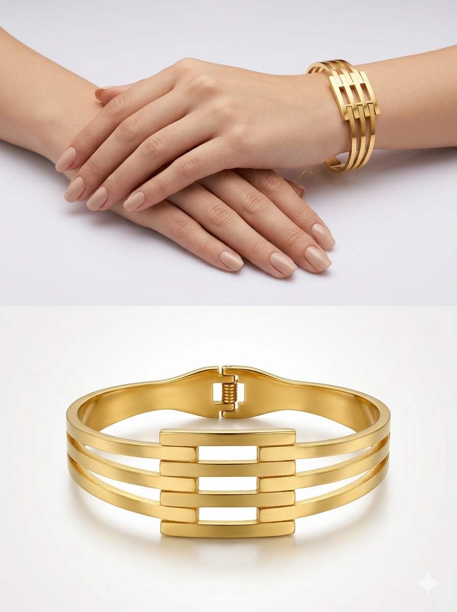 Anti-Tarnish Geometric Triple-Band Cuff Bangle