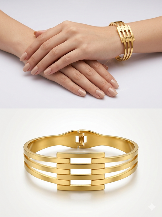 Anti-Tarnish Geometric Triple-Band Cuff Bangle