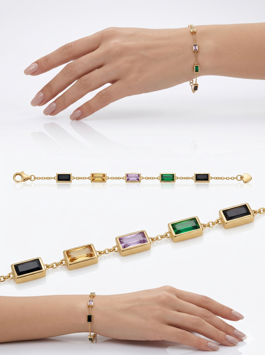 Multicolor Baguette Crystal Station Bracelet in 18K Gold Finish