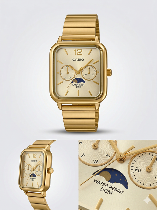 Vintage Square Moon Phase Chronograph - Golden