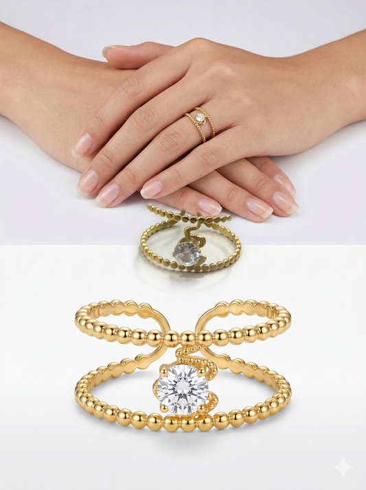 Anti-Tarnish Double-Beaded Solitaire Adjustable Ring