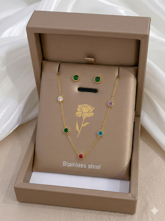 Multicolor Crystal Bezel Station Necklace & Earring Set