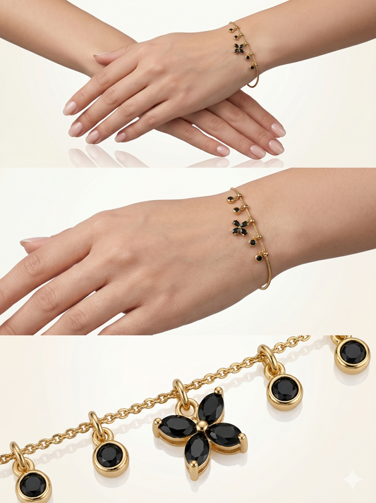 Onyx Clover & Bead Snake Chain Charm Bracelet
