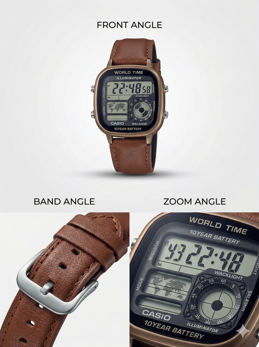 Retro Navigator – Bronze Digital Gents Watch with Cognac Leather Strap