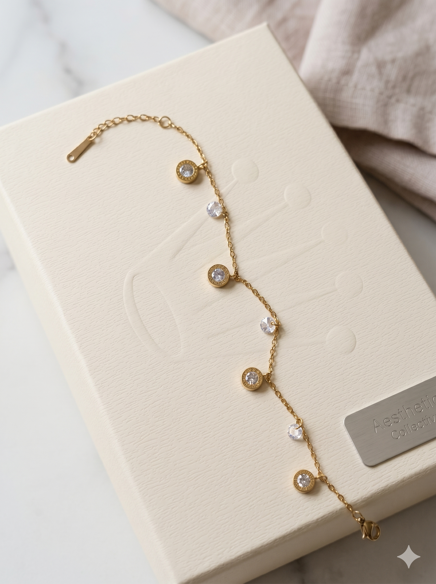 Crystal Medallion & Solitaire Charm Bracelet in 18K Gold Finish