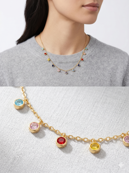 Anti-Tarnish Multi-Color Crystal Bezel Station Necklace